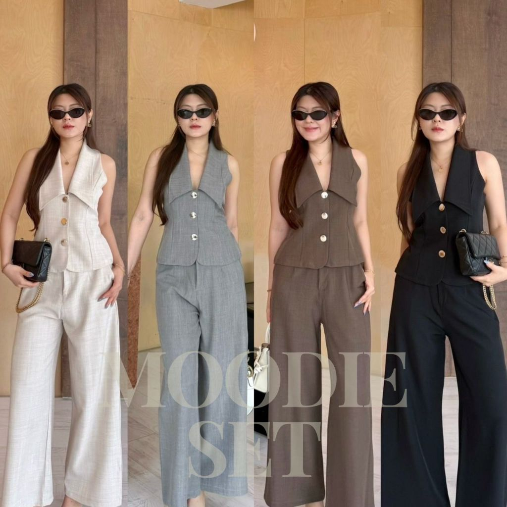 Moodie- ชุดเซ็ทขายาว 2 ชิ้น ชุดเซ็ทขายาวเสื้อคอปกแต่งกระดุมทอง เรียบหรูดูแพง งานคลาสสิค BETTY (B019)