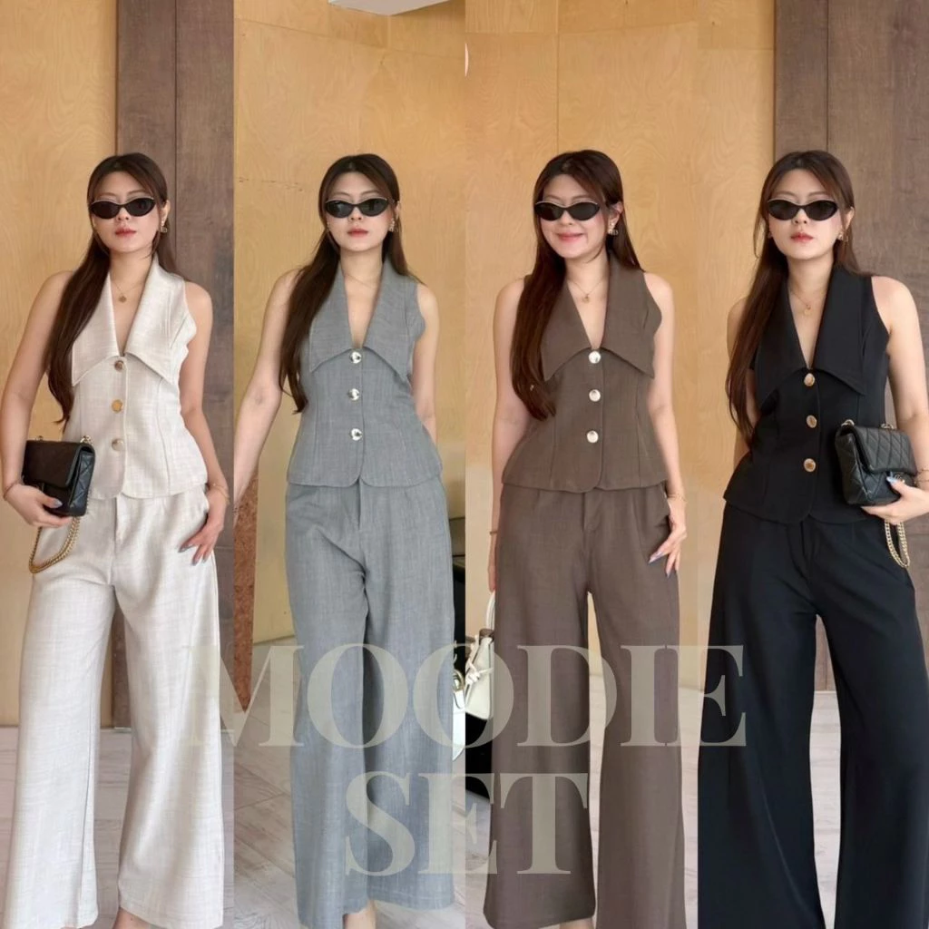 Moodie- ชุดเซ็ทขายาว 2 ชิ้น ชุดเซ็ทขายาวเสื้อคอปกแต่งกระดุมทอง เรียบหรูดูแพง งานคลาสสิค BETTY (B019)