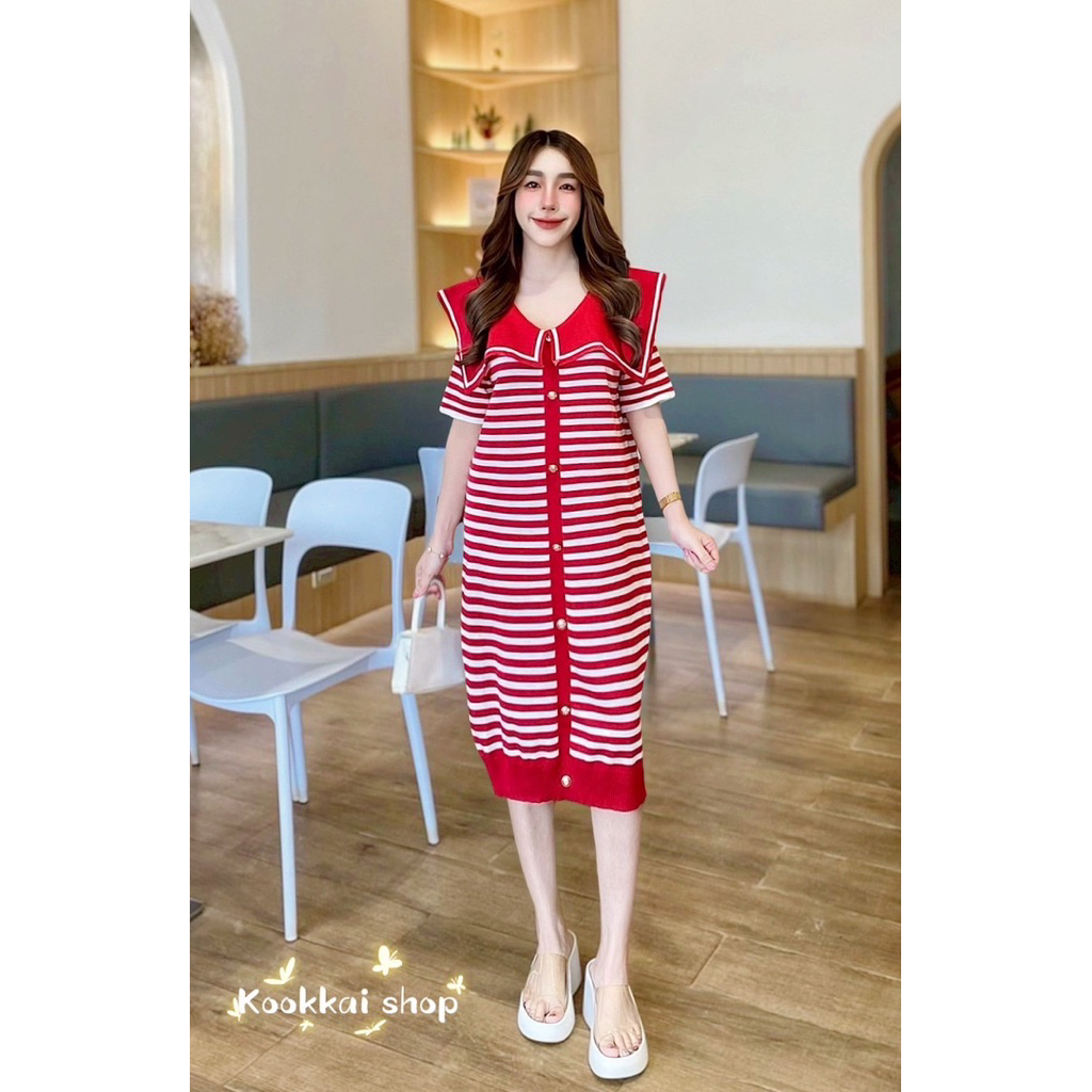 🍭 Chill Fashion Shop 🍭 เดรสริ้วคอบัว (รุ่น ฝนตก)