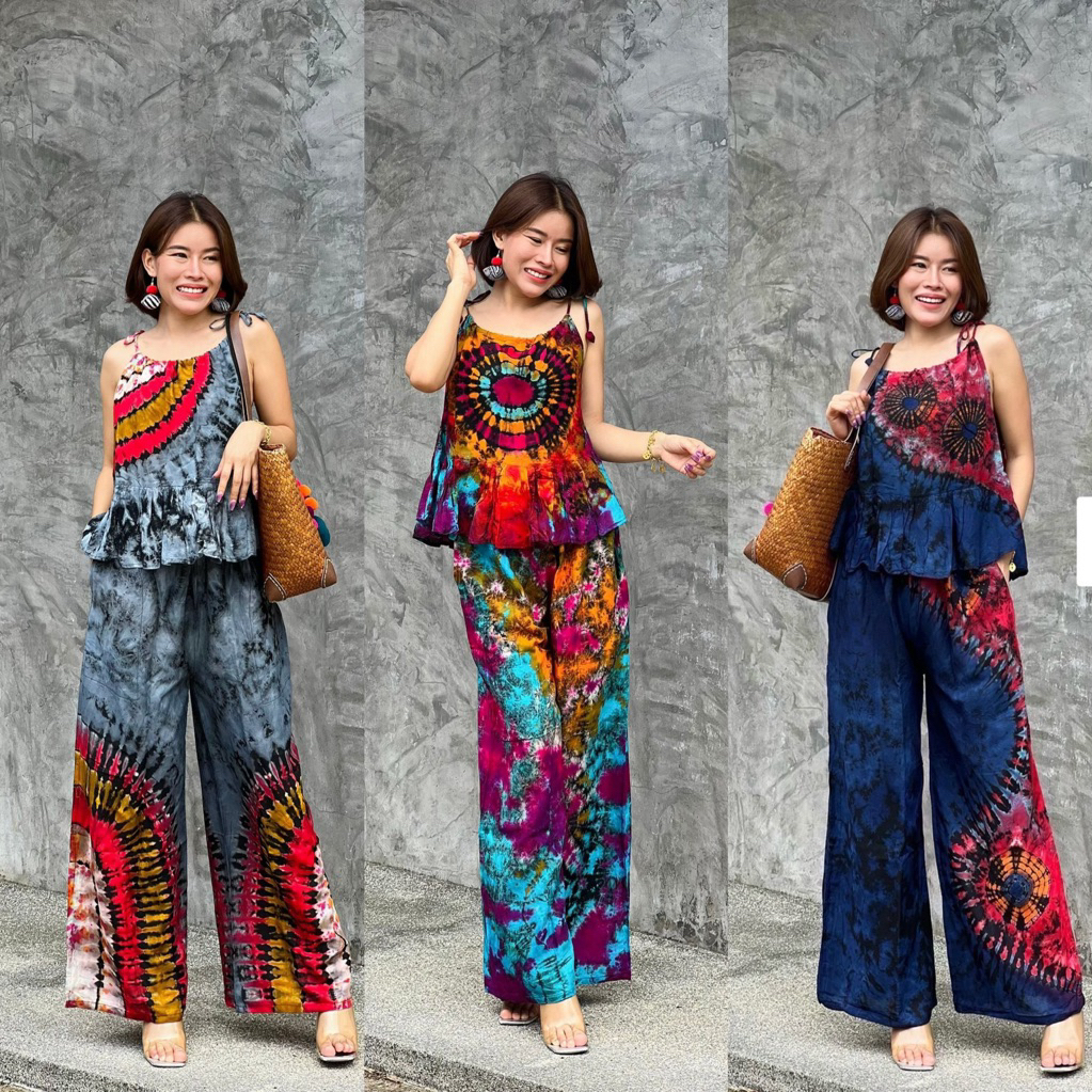 ชุดเซทมัดย้อม สายเดี่ยว เสื้อเเต่งระบายชาย ฟรีไซส์ 42 นิ้ว