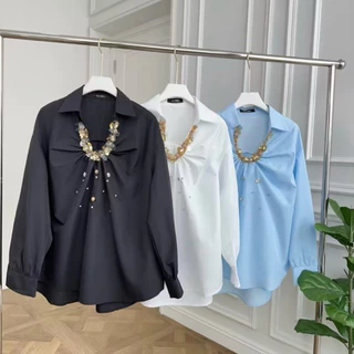 พร้อมส่ง‼️ GMG(01) เสื้อเชิ้ตแขนยาว ผ้าคอตตอน ทรงเสื้อคอปก ดีเทลปักเลื่อมสีทองใส เรียงเป็นลวดลายโค้ง