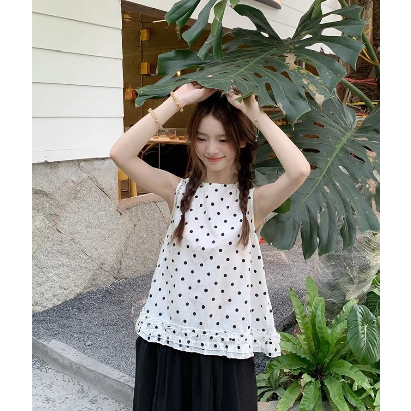 Amber~Xลายจุด คอกลม เวอร์ชั่นเกาหลี สไตล์ใหม่ เสื้อเชิ้ต หวาน หลวม สไตล์แฟชั่น