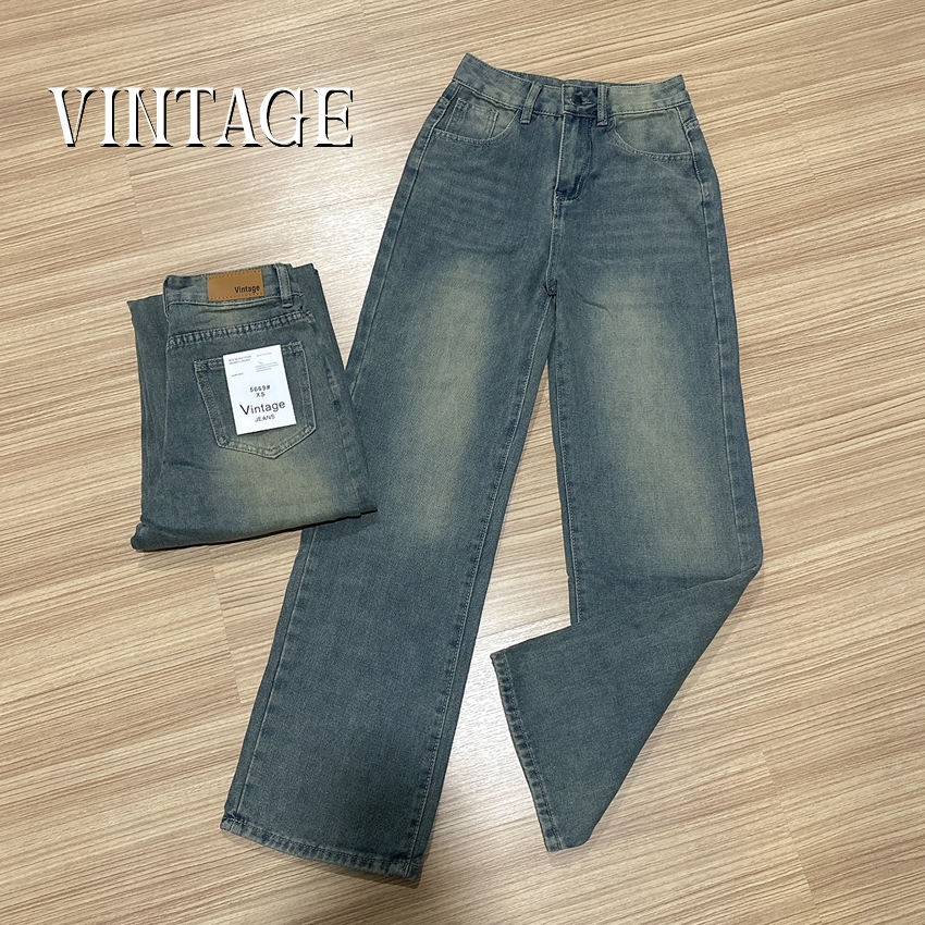 Vintage รุ่น 1396 กางเกงยีนส์ ทรงกระบอก แต่งเฟดขา ทรงสวยผ้าไม่ยืด
