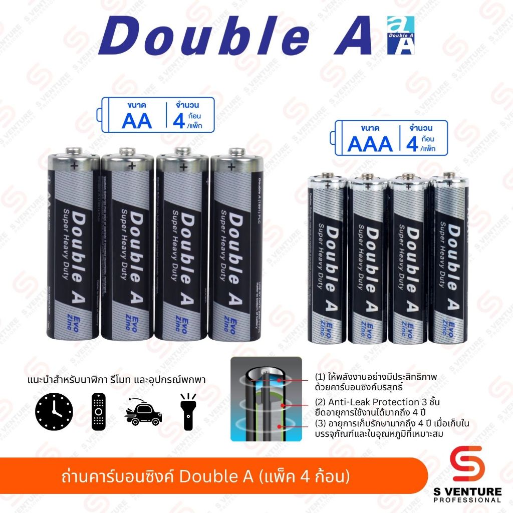 ถ่านคาร์บอนซิงค์ Double A ขนาด AA (แพ็ค 4 ก้อน)