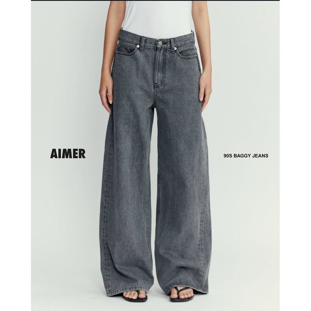 กางเกงยีนส์ แบรนด์ Aimerwoman ทรง baggy สีชาโคล
