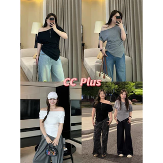 CiCi Plus+(J2198) เสื้อปาดไหล่สีพื้น ผ้าเรยอน จั้มเอว ดีเทลแต่งปลายเฉียงข้างเก๋ไม่ซ้ำใคร สไตล์สาวพลัสไซส์