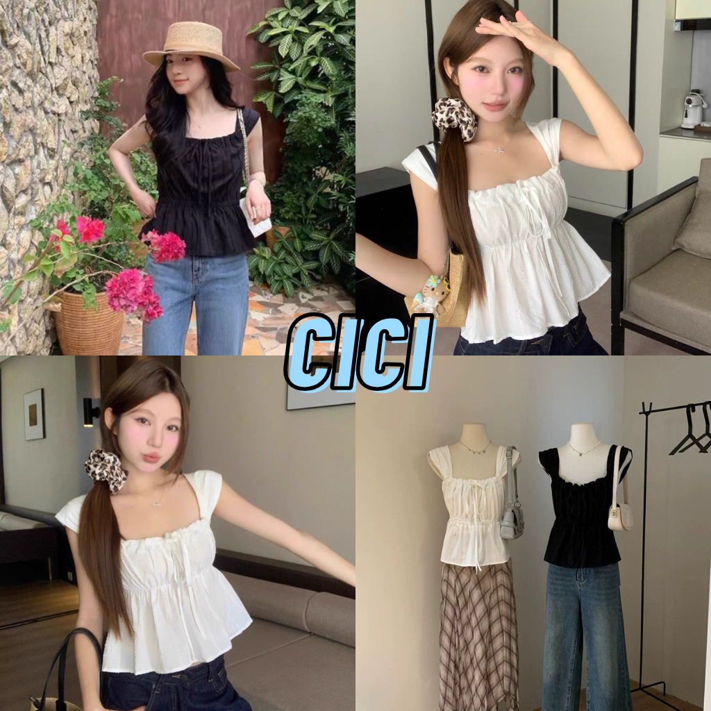 ส่งทันที Cici(NO. Y6333) เสื้อสายเดี่ยวครอปรูดหน้า จั้มอกด้านหลัง ปักดีเทลน่ารัก สไตล์สาวมินิมอล