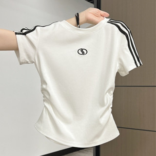 Y6Y - เสื้อยืดลายทางคุณภาพสูงสำหรับคุณผู้หญิง เสื้อยืดคอกลมแ…