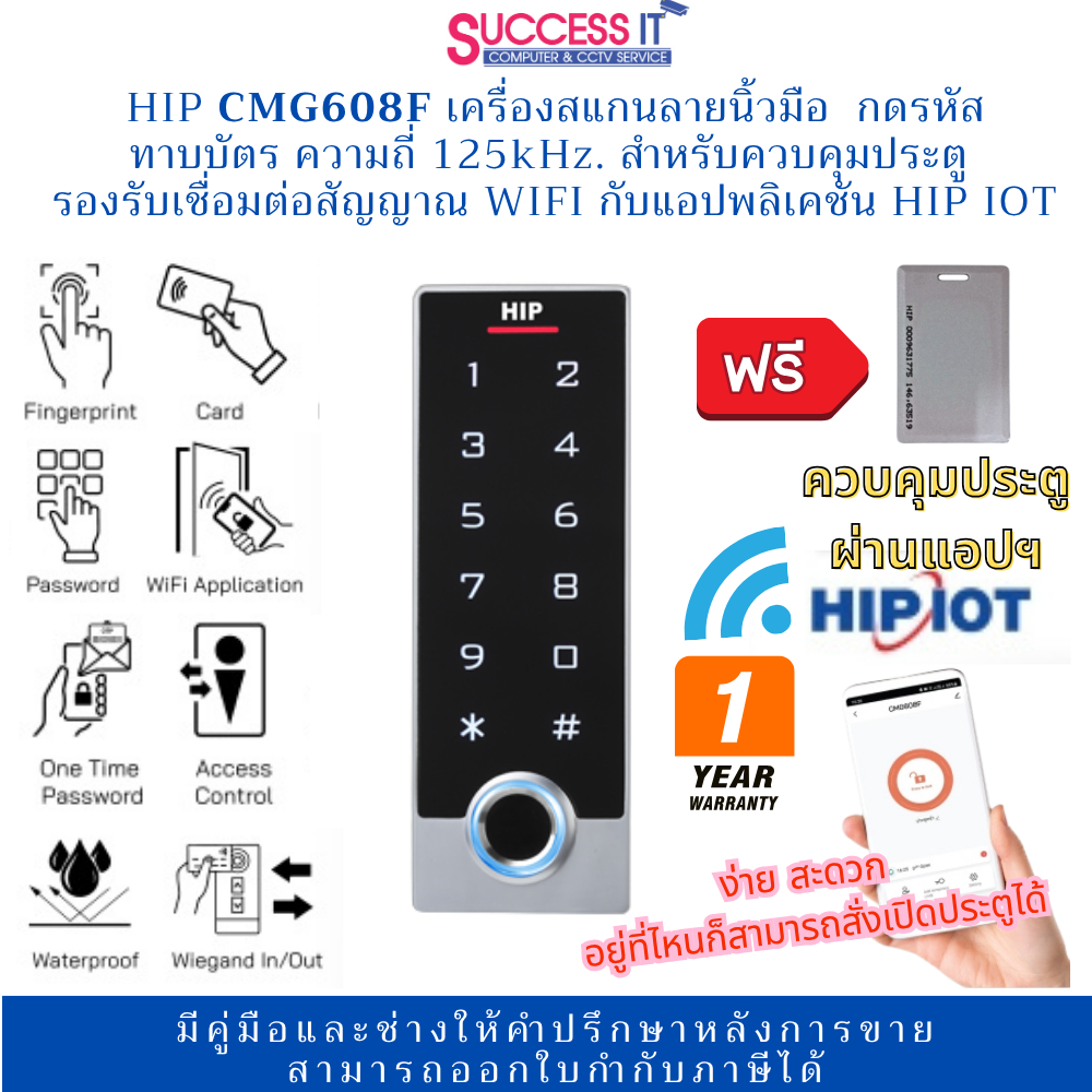 HIP รุ่น CMG608F 125kHz เครื่องสแกนลายนิ้วมือ ทาบบัตร กดรหัส ควบคุมประตู รองรับ WIFI กับแอปพลิเคชั่น