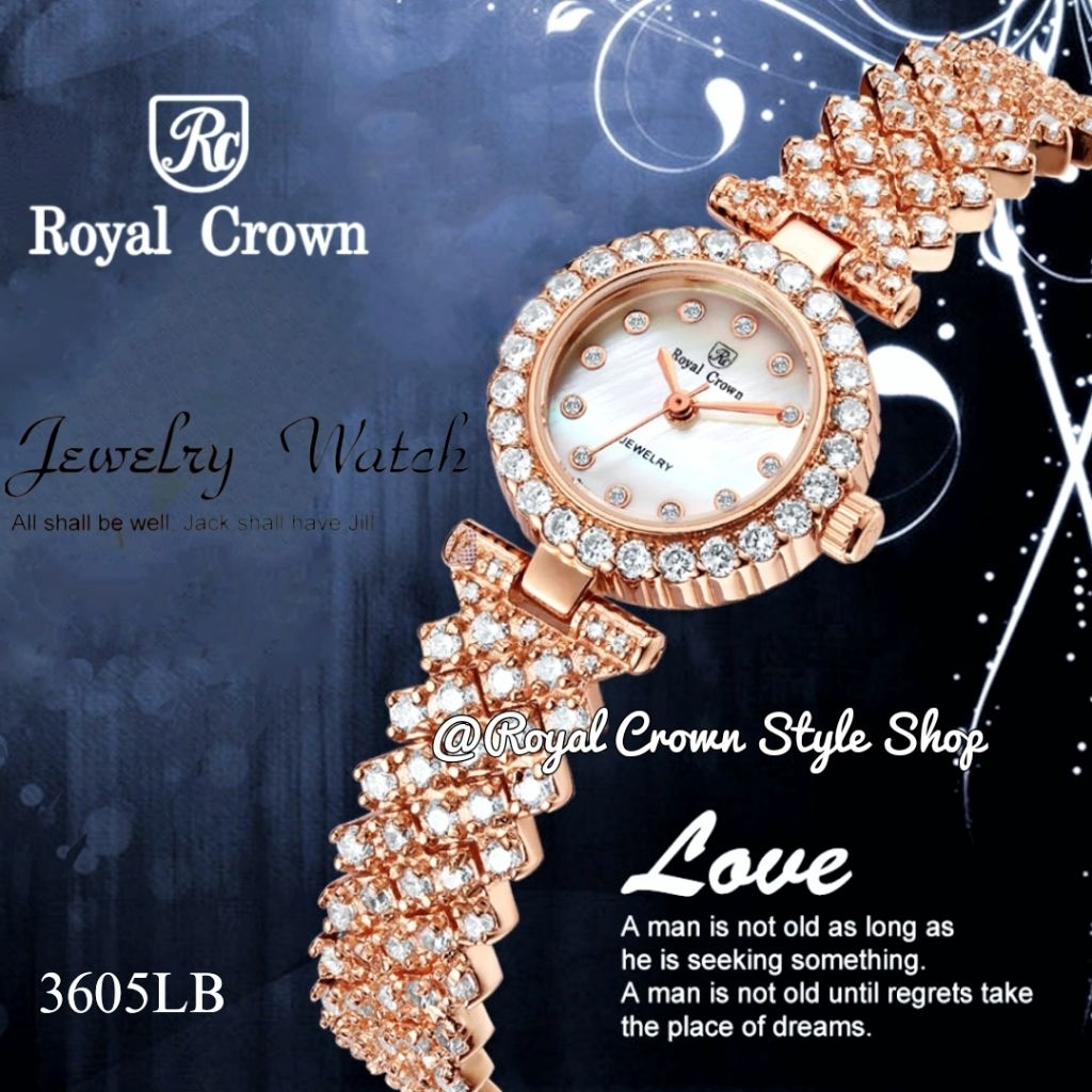 นาฬิกาข้อมือผู้หญิง Royal Crown แท้100% กันน้ำ,รับประกัน1ปี,จัดส่งพร้อมกล่อง, รอบหน้าปัดและสายประดับเพชรเกรดพรีเมี่ยม