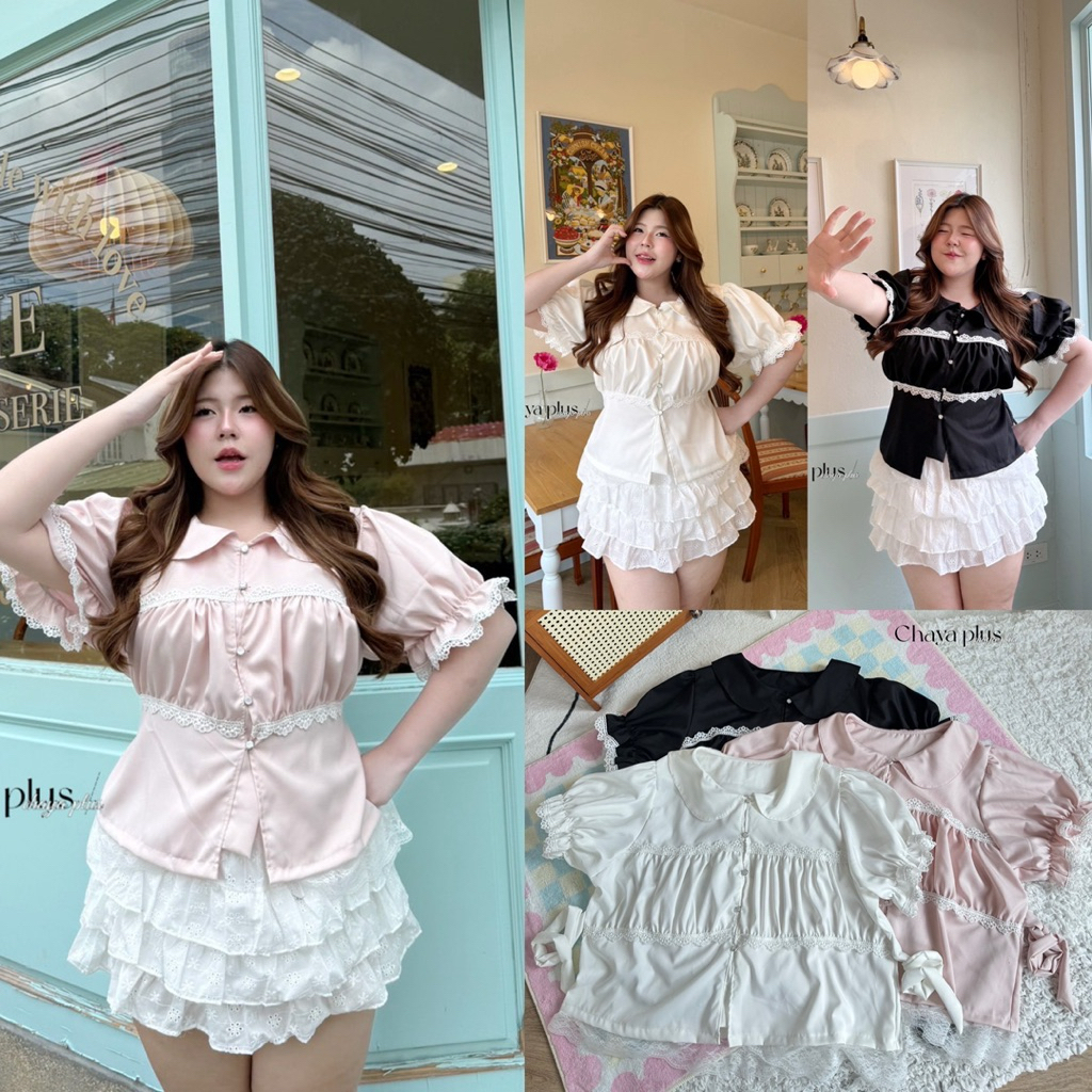 /LD/ เสื้อคอบัวสาวอวบ ไซส์อก40-52 จีบช่วงอกแต่งลูกไม้รอบ กระดุมผ่าหน้า #เสื้อไซส์ใหญ่ สาว อ้วน พลัสไซส์