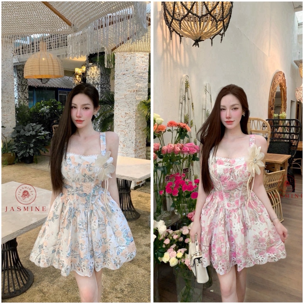 Jasmine Brand JM003 ชุดมินิเดรสสายเดี่ยวลายดอกไม้โทนสีพาสเทล มี 2 สีให้เลือก