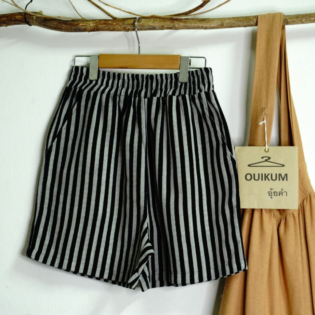 กางเกงเอวยืดขาสั้นผ้าฝ้ายเนื้อเยื่อไผ่