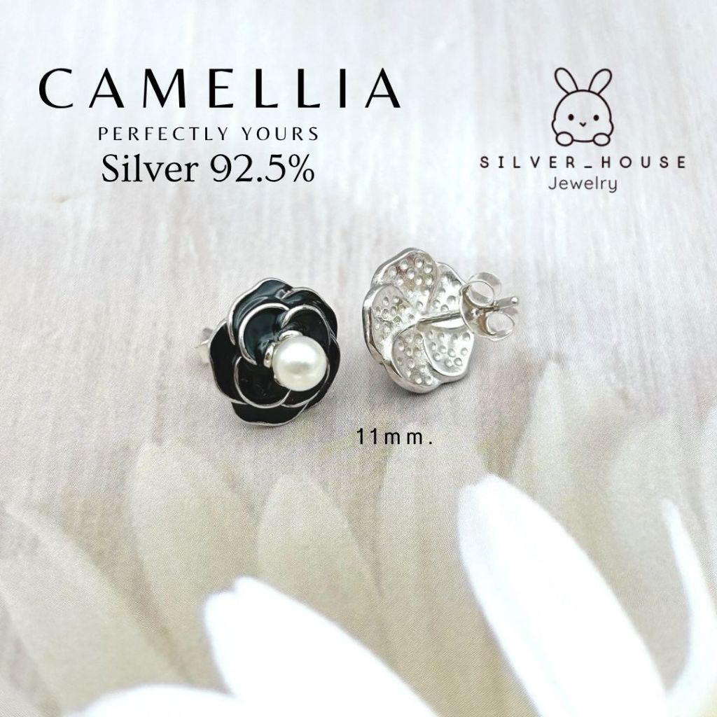 ต่างหูเงินแท้ 92.5% ต่างหูดอกคามิเลีย (Camellia flower) แต่งมุก สวยมากค่ะ