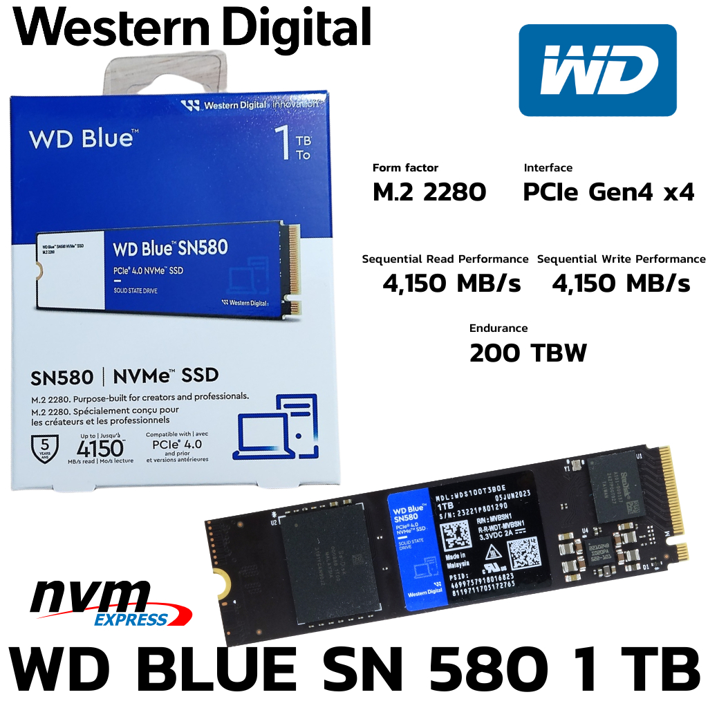 M.2 1 TB SSD (เอสเอสดี) WD BLUE SN580 - PCIe 4x4/NVMe M.2 2280 (WDS100T3B0E)