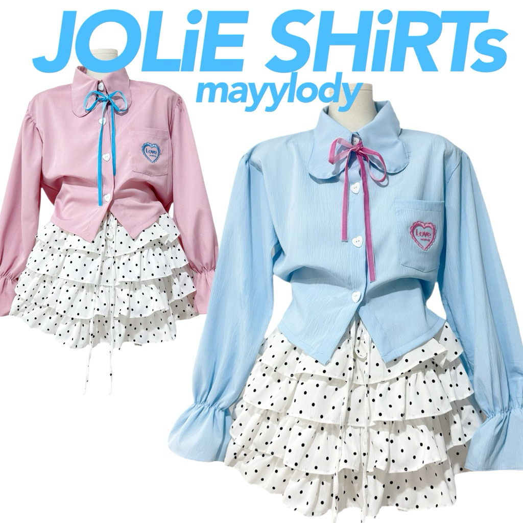 💓mayylody💓 Rabbit Shirts เสื้อเชิ้ตหูกระต่ายแขนยาว ลายจุด สีหวานพาสเทล  / กระโปรงระบายชั้นๆ  🌷🪞🌤️🍃 เสื้อลายจุด ชุดลายจุด