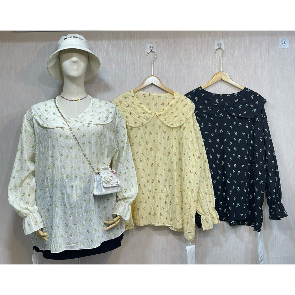 เสื้อคอบัวแขนยาวลายดอกไม้ปลายแขนจั้มผ้าชีฟองสาวอวบ