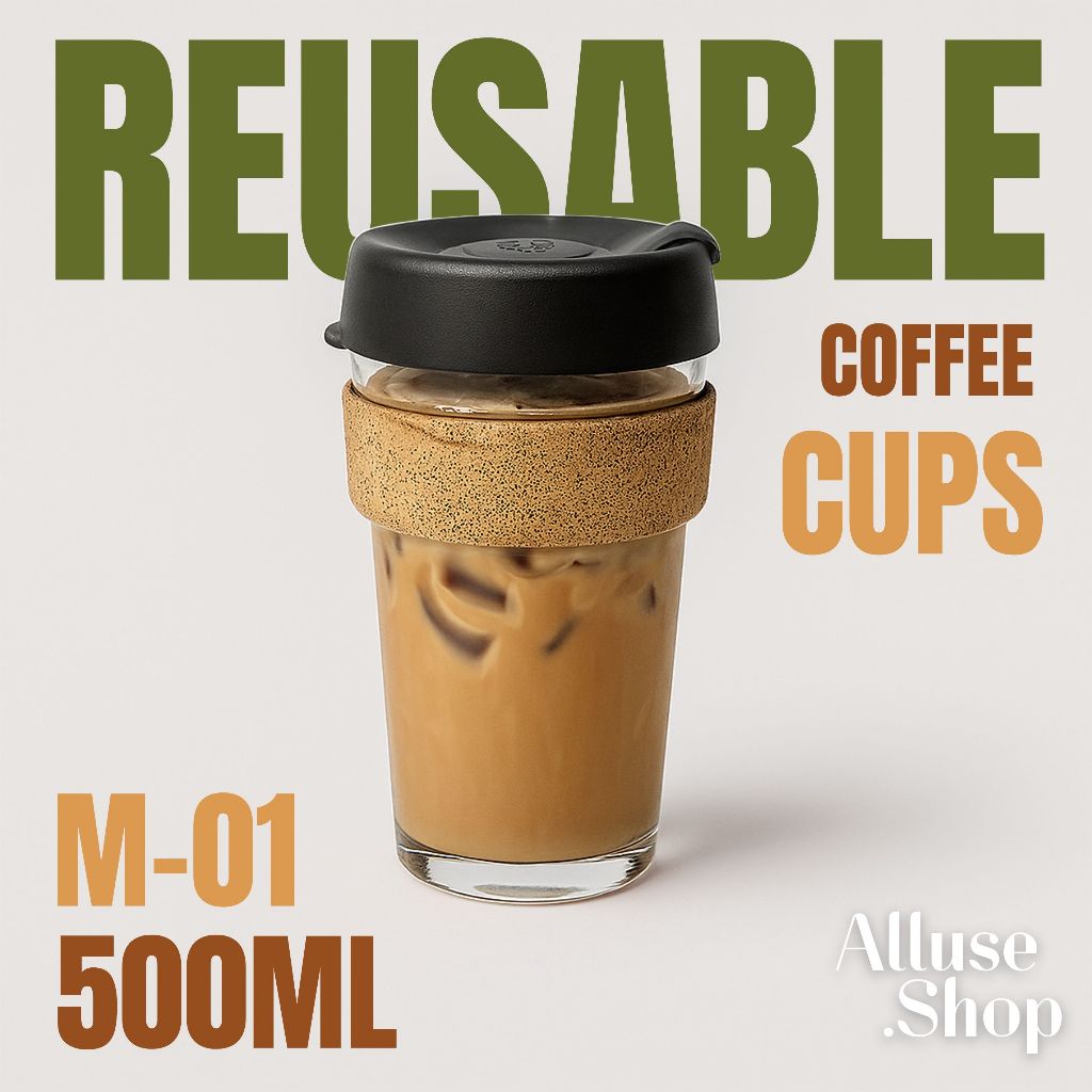 Alluse.shop แก้วกาแฟพร้อมฝายกดื่ม Reusable Coffee Cups รหัส M01-500ml แก้วมีฝาพร้อมที่จับกันความร้อน-เย็น พร้อมส่ง มีส่ง