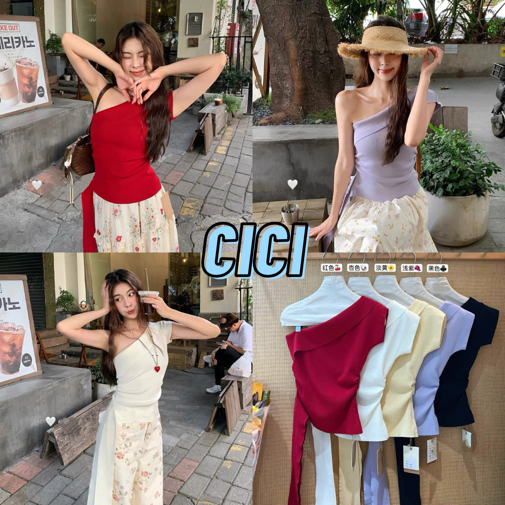 ส่งทันที Cici(NO. BK07) เสื้อปาดไหล่ข้างเดียวผ้าไหมพรม ใส่ได้ 2 ด้าน จั้มเอวผูกโบว์ได้