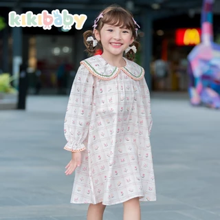 [90-130] เดรสแขนยาว วินเทจ มินิมอลลายดอกไม้ คอปกน่ารักๆ สำหรับเด็กผู้หญิง กระโปรงแขนยาวKP