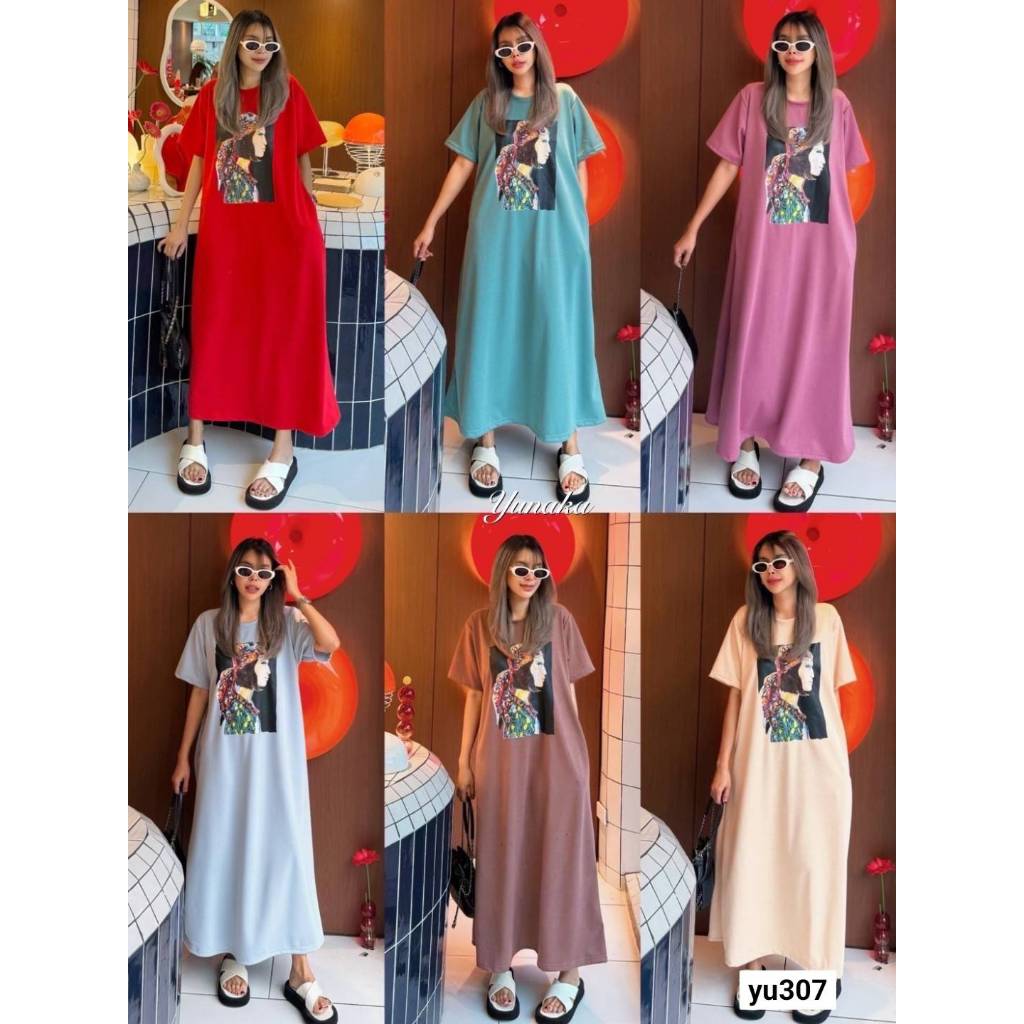 เดรสคอกลมแขนสั้น ทรงปล่อยแบบ oversize style สกรีนลายผู้หญิง ชุดเดรสแฟชั่น เดรสใส่ไปคาเฟ่