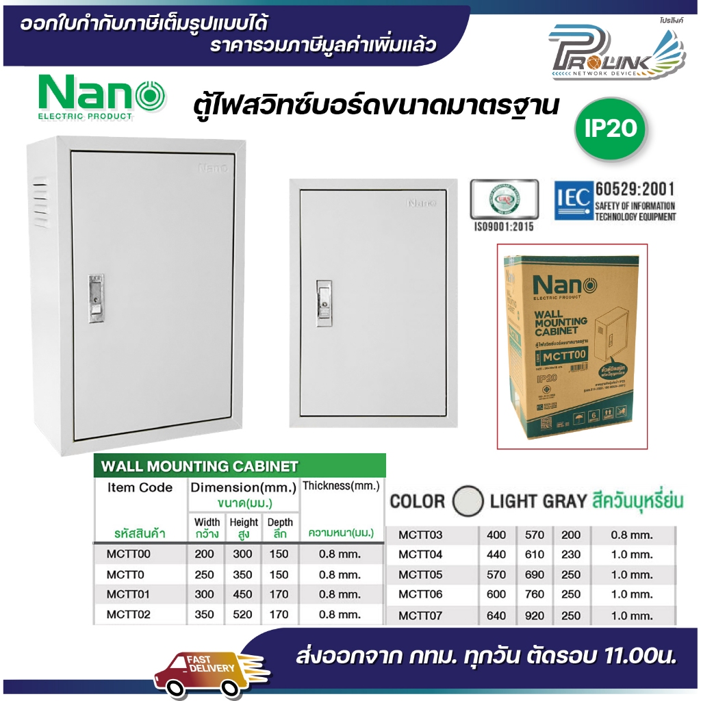 NANO ตู้เหล็ก ตูู้ไฟ สวิทซ์บอร์ด ติดผนัง ไม่มีหลังคา IP20 สีเทา เบอร์ 00 / 0 / 1 / 2 / 3 หนา 0.8mm.
