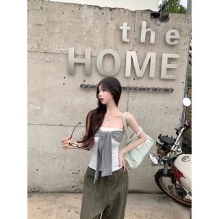STR พร้อมส่ง🫐☔️เสื้อเกาะอกผู้หญิง ดีไซน์เชื่อกผูกหน้าอก สีพื้น แขนกุด เสื้อครอปทรงรัดรูป เซ็กซี่แฟชั่นY2K สไตล์อเมริกัน