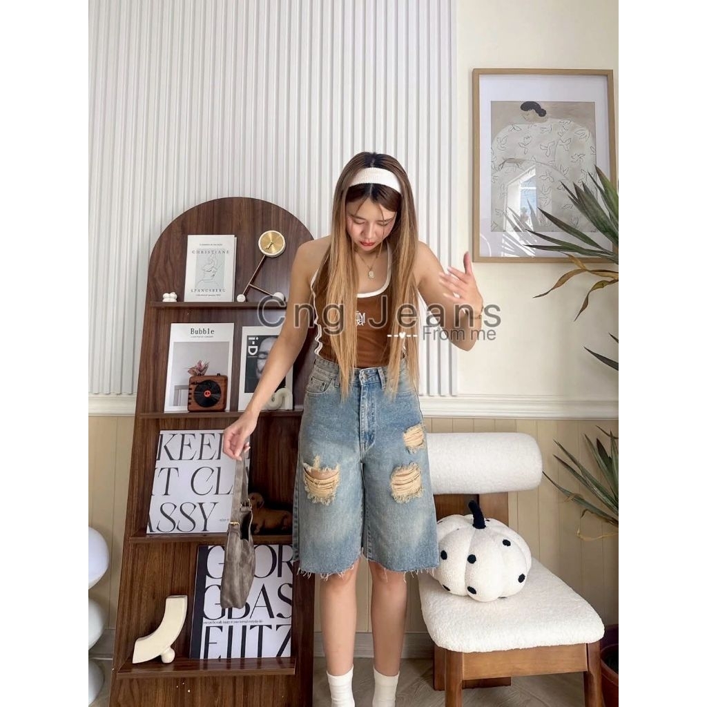 กางเกงยีนส์5ส่วนสีสนิมฟอกอ่อนแต่งขาดรุ้ย S-42นิ้ว Cng