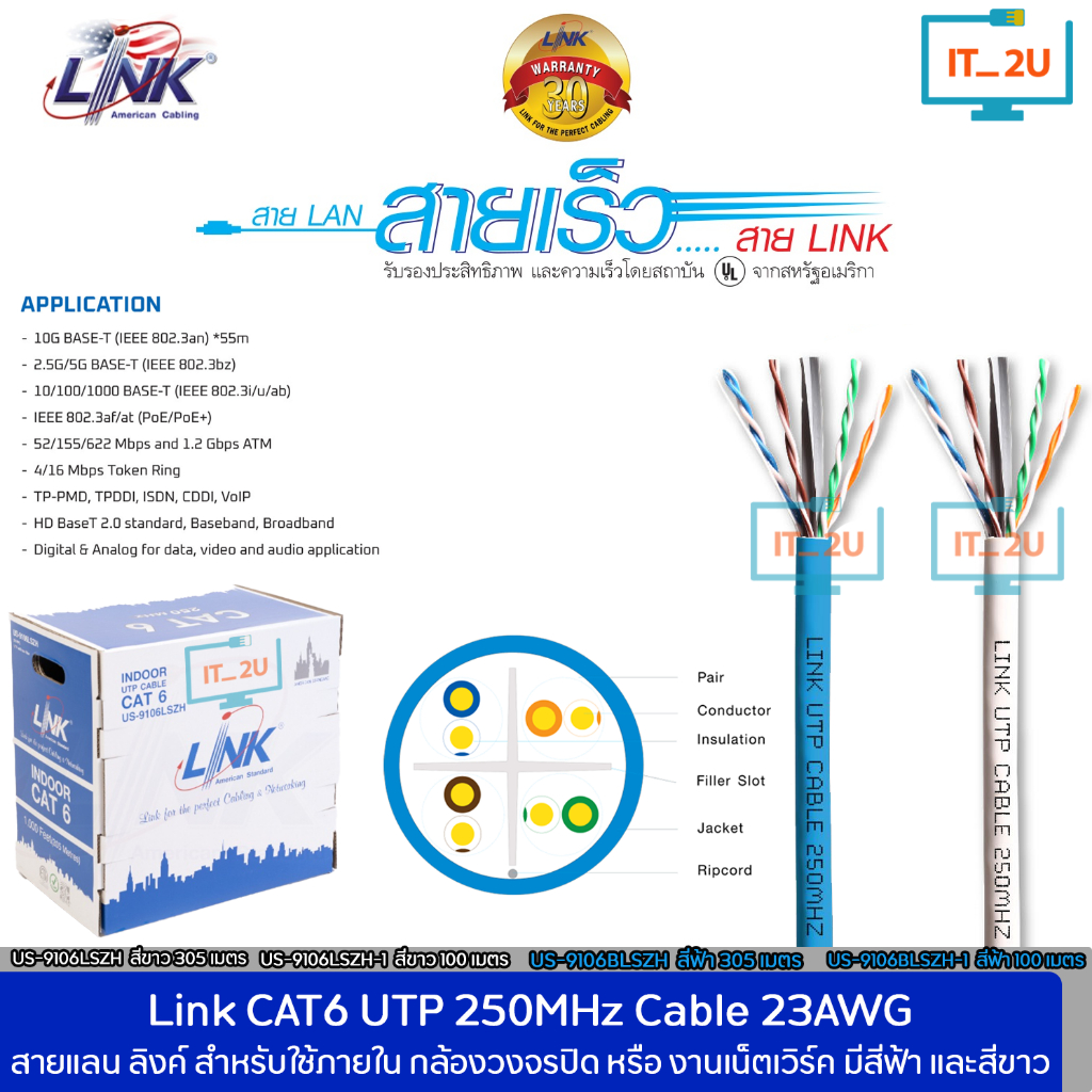 Link US-9106LSZH/US-9106BLSZH Cable lan Cat6 250Mhz 23AWG Indoor 100M/305M สำหรับใช้ภายในไม่ลามไฟ