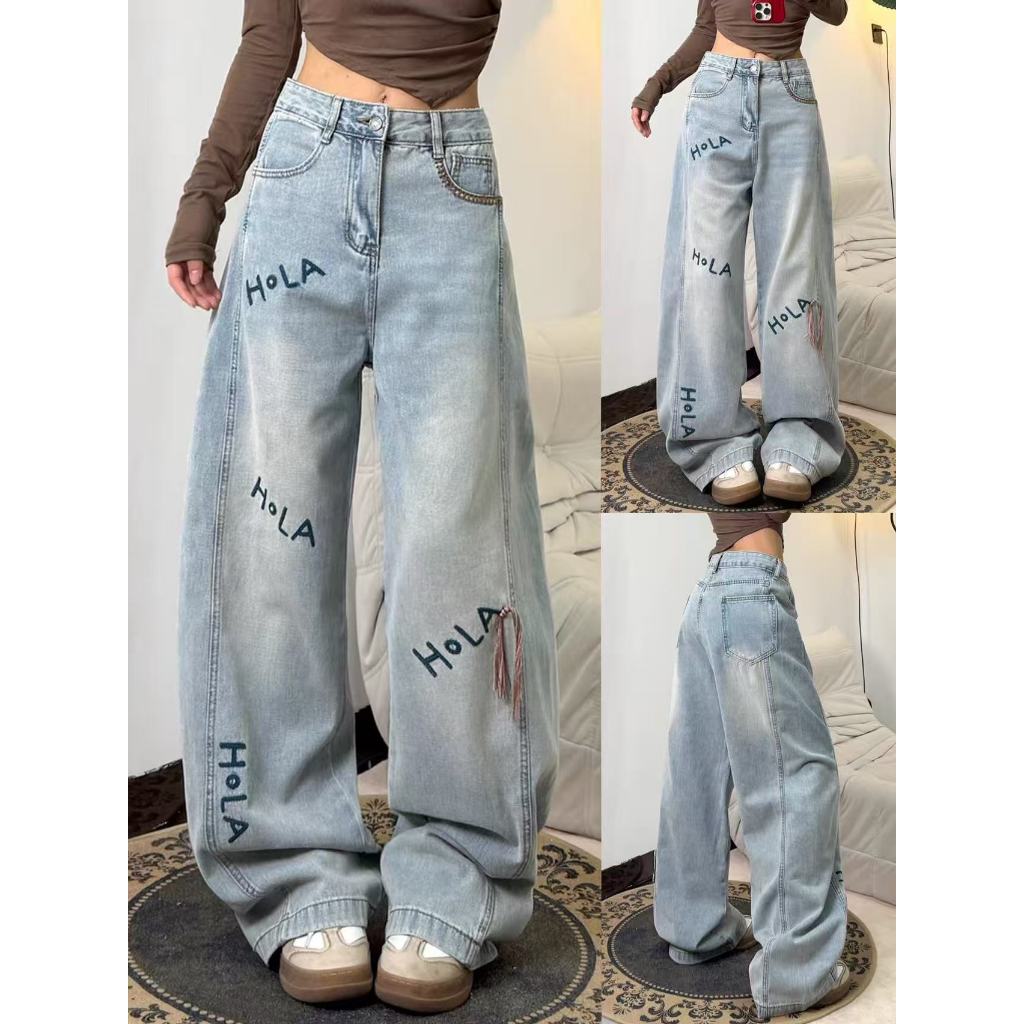 แฟชั่นตัวอักษรเย็บปักถักร้อยออกแบบความรู้สึกผู้หญิงกางเกงยีนส์ 2025 ใหม่บวกขนาดกางเกงหลวมขายาว Moonl