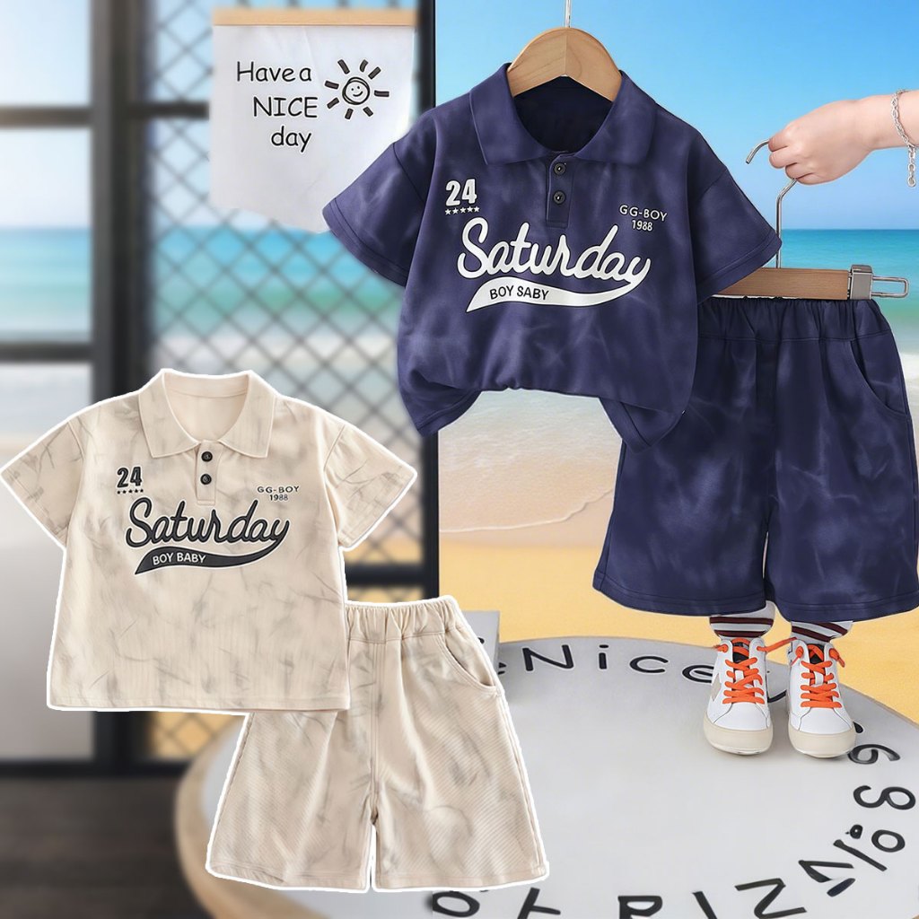 Beryl kids🌸ชุดเด็กผู้ชายแฟชั่น🎀ชุดแขนสั้นเด็กฤดูร้อน เสื้อโปโลตัวอักษร+กางเกงขาสั้น ชุดสองชิ้น ลำลอง ใส่สบาย