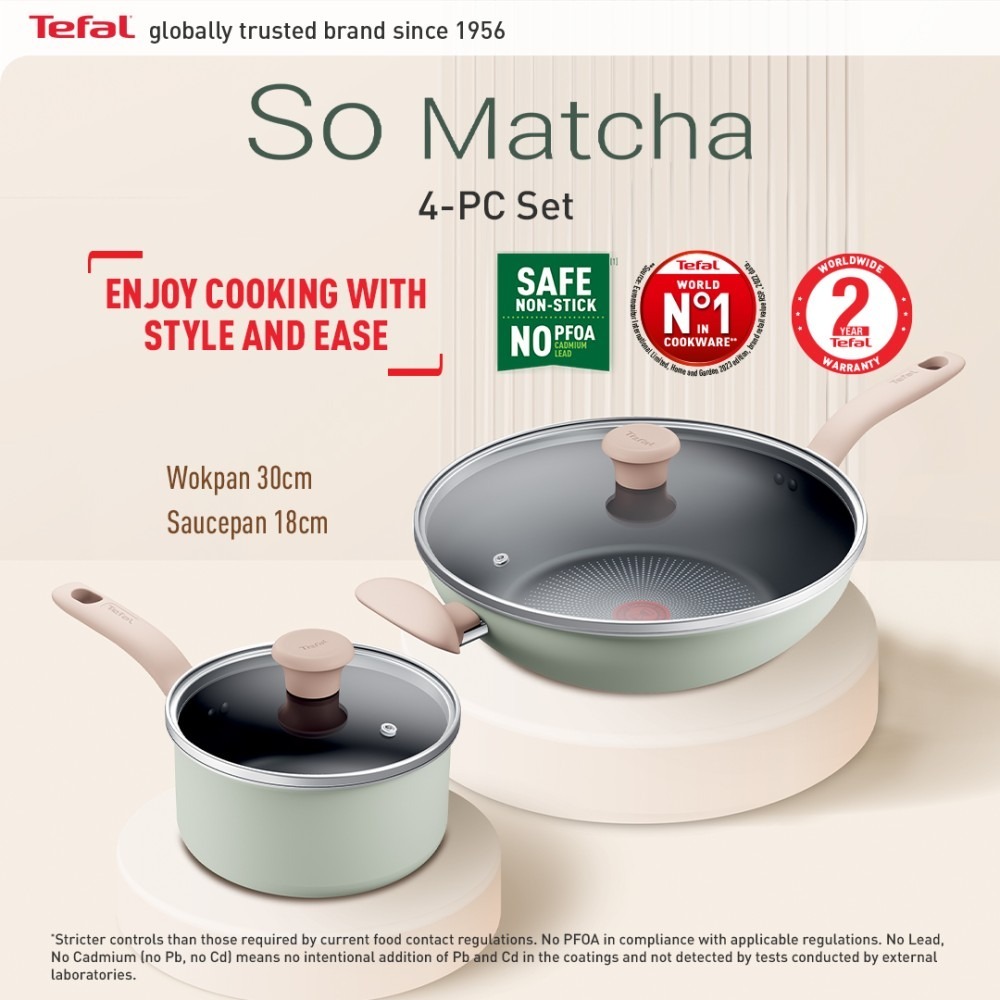 Tefal  So Matcha เซ็ตเครื่องครัว 4 ชิ้น ก้นอินดักชั่น : กระทะก้นลึก 30 ซม.พร้อมฝาและหม้อด้าม 18 ซม.พ