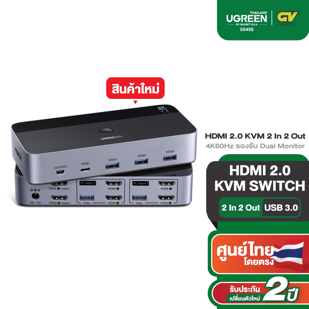 UGREEN สวิตช์ HDMI KVM 2 In 2 Out USB 3.0 4K60Hz รองรับ Dual Monitor ตัวเครื่องอลูมิเนียมรุ่น 55455