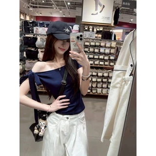 Vogue🌟พร้อมส่ง🌟 เสื้อไหมพรมแขนสั้น เปิดไหล่ สีพื้น ใส่สบายสไตล์เกาหลี (Y9835)