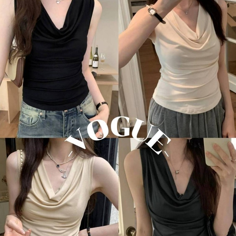 Vogue🌟พร้อมส่ง🌟 เสื้อกล้าม สีพื้นดีเทลผ้าหยนเก๋ๆ สไตล์มินิมอล (FY9098)