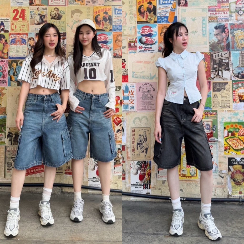 ยีนส์SARAN P17 ขาสั้นคาร์โก้แต่งเฟด