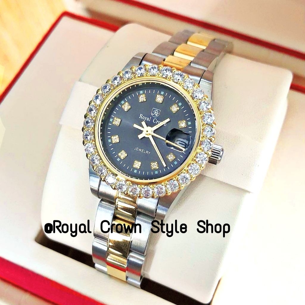 นาฬิกา Royal Crown แท้100% ระบบถ่าน,ประดับเพชรมีขนาดหน้าปัดชาย&ญิง สีสองกษัตริย์ทอง&เงิน,หน้าปัดดำ,กันน้ำรับประกัน1ปี