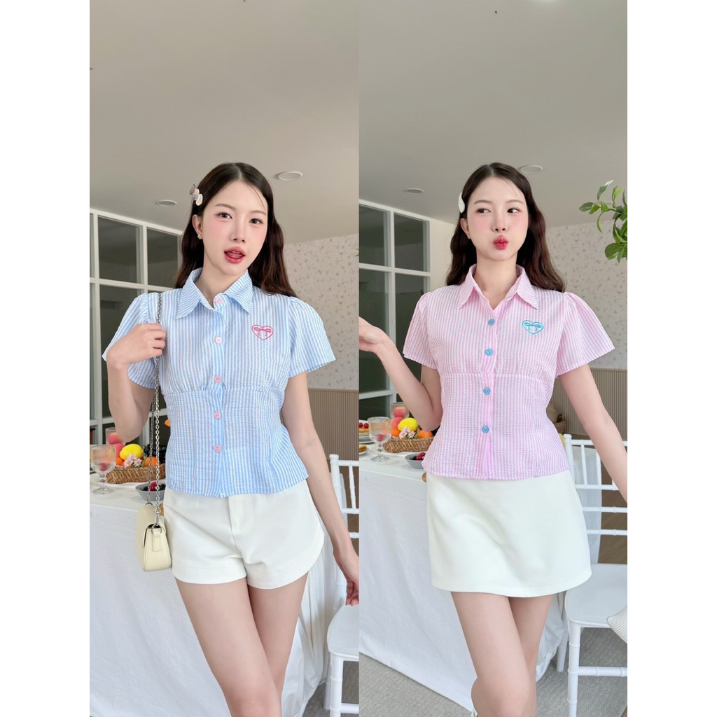 KORRA ·͜·♡เสื้อเชิ้ตคอปกลายริ้ว🤎ปักหัวใจโบว์✨ด้านหลังมีโบว์ผูกเข้ารูป งานสวยใส่แล้วน่ารักมากๆ 📸🫧 - รูปที่ 6