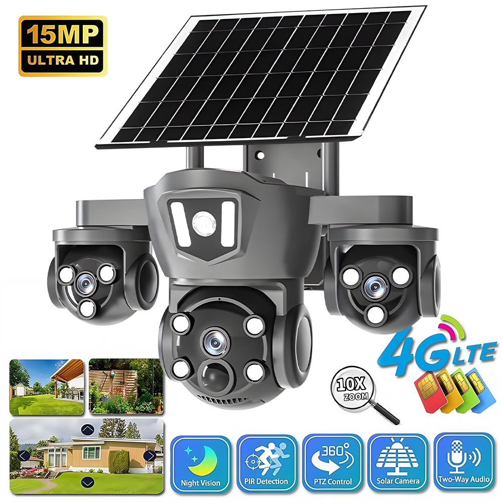 tdlกล้องวงจรปิด ความปลอดภัยพลังงานแสงอาทิตย์ 4G กลางแจ้ง 3 เลนส์ 3 หน้าจอสี Night Vision 10X ซูมกล้อ