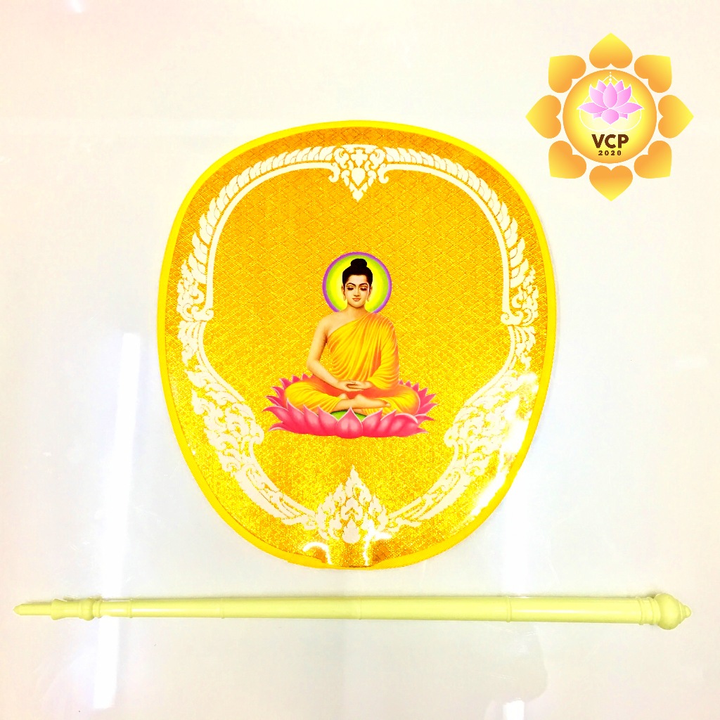 ตาลปัตร ผ้าตาดทองหน้าหลัง งานดี สวยงามด้วยด้ามพลาสติก - พระพุทธรูป