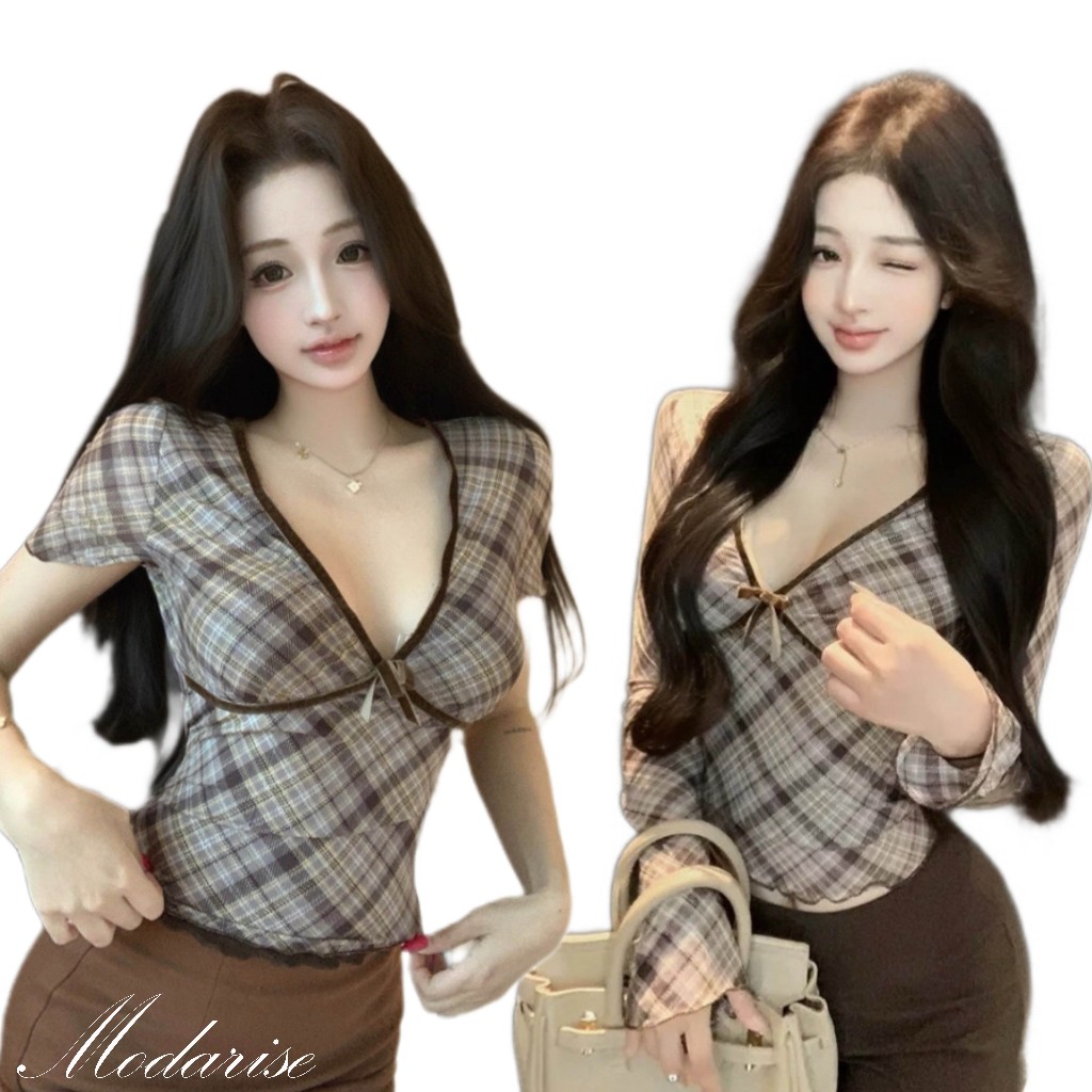 Modarise🌟Hippie เสื้อยืดผู้หญิงแขนยาวสไตล์วินเทจ ฮิปปี้ คอวี ผูกโบว์ตกแต่ง สำหรับฤดูร้อน