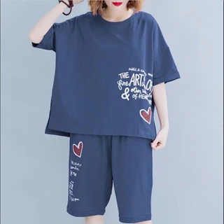 Swan shop ชุดเซ็ตลำลองผู้หญิง เสื้อยืด+กางเกงขาสั้น ลายตัวอักษรพร้อมรูปหัวใจ ใส่สบาย