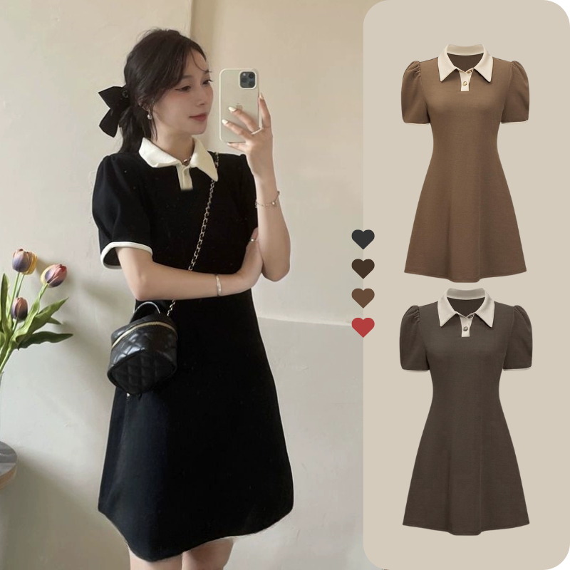 💫S-5XL💫 🔥สินค้าพร้อมจัดส่ง🔥เดรสสั้นสไตล์มินิมอล คอปกตัดสี แขนตุ๊กตา น่ารัก ดูดี มีระดับ เดรสสาวอวบ พลัสไซซ์ เดรสออกงาน