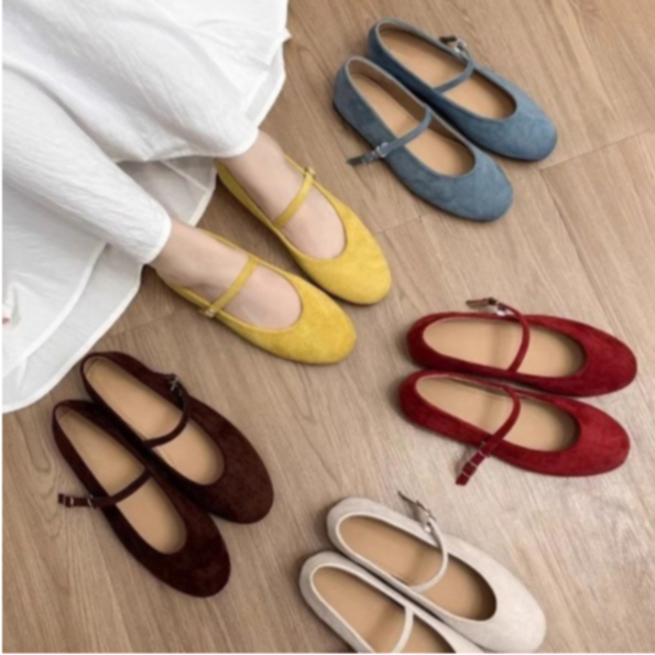 ⭐รองเท้าแมรี่เจนแฟชั่นฝรั่งเศส⭐รองเท้าบัลเล่ต์หัวกลมพื้นนุ่ม วัสดุหนังแท้ อ่อนโยนและย้อนยุค