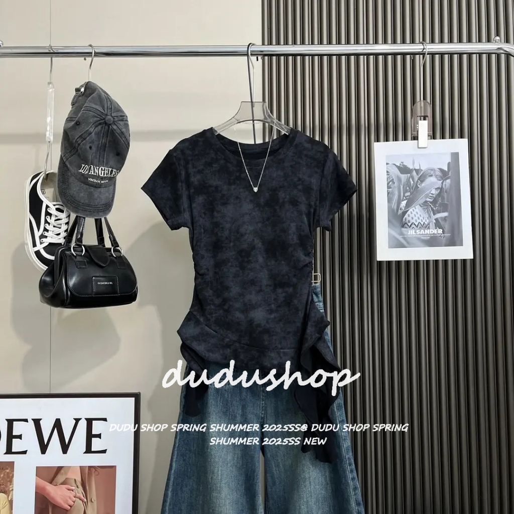 [Summer slim fit T-shirt irregular top]เสื้อยืดคอกลมเข้ารูปเข้ารูปสำหรับผู้หญิงช่วงฤดูร้อนปี 2025 แต่งระบาย