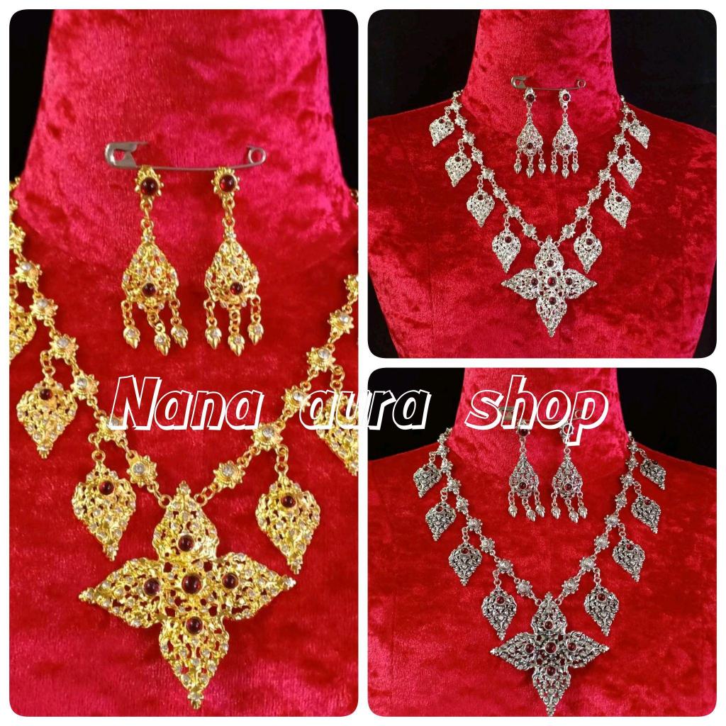 สร้อยคอพร้อมต่างหูเจาะงานประดับพลอย (ต่างหูแบบหนีบ) เครื่องประดับชุดไทยสีทอง สามารถใส่ได้ทั้งเด็กและ