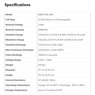 ถ่านชาร์จ 21700 จ่ายกระแสสูงพิเศษ EVE 50PL 5000mah 18C สำรับ Drone FPV