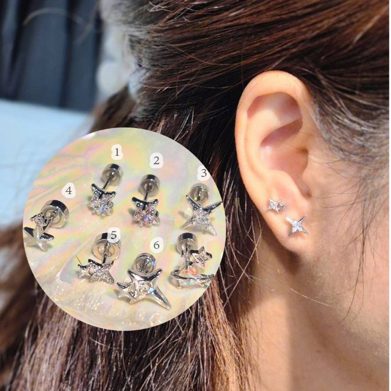 SIRINN รวมเซตจิวหูดวงดาว ก้านสแตนเลส 316L ก้านเล็ก 0.8 mm แป้นหมุน ใส่นอนได้