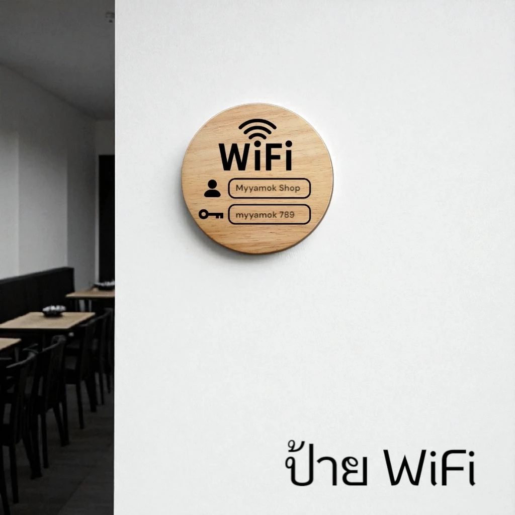 ป้าย WiFi ไม้ติดผนัง เลเซอร์สลัก ชื่อ/รหัสได้ ขนาด 10x10 ซม.