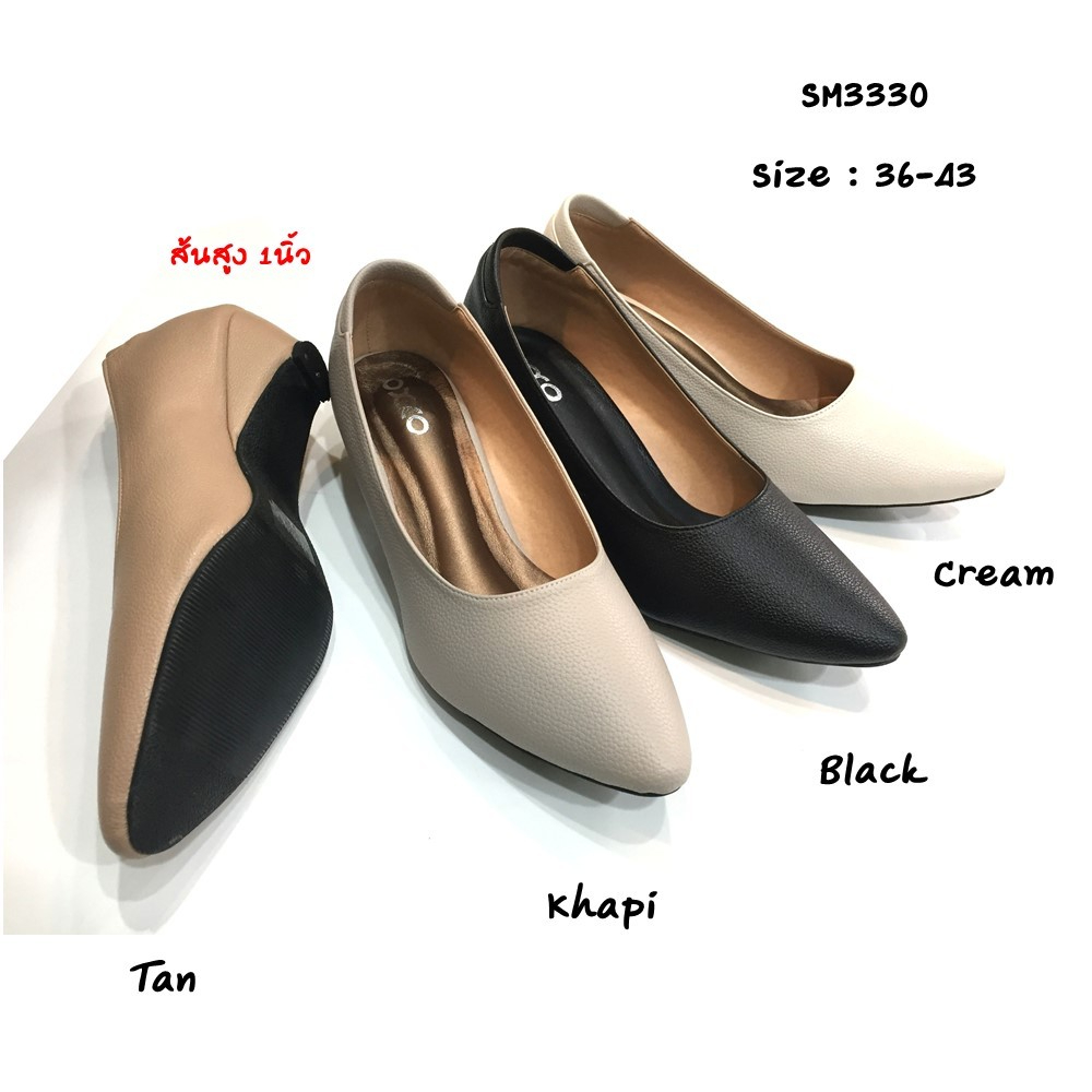 prettycomfort รองเท้าคัทชู ผู้หญิง ทรงหัวแหลม สูง1นิ้ว ส้นกันลื่นตอกมือ หนังพียู SM3330 SM3411